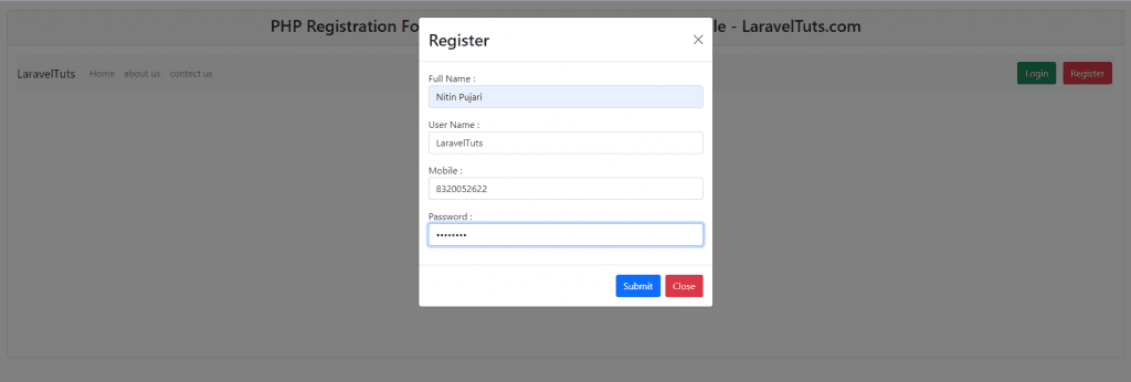 Registering new User - PHP Registration Form with Mobile OTP Verification Example